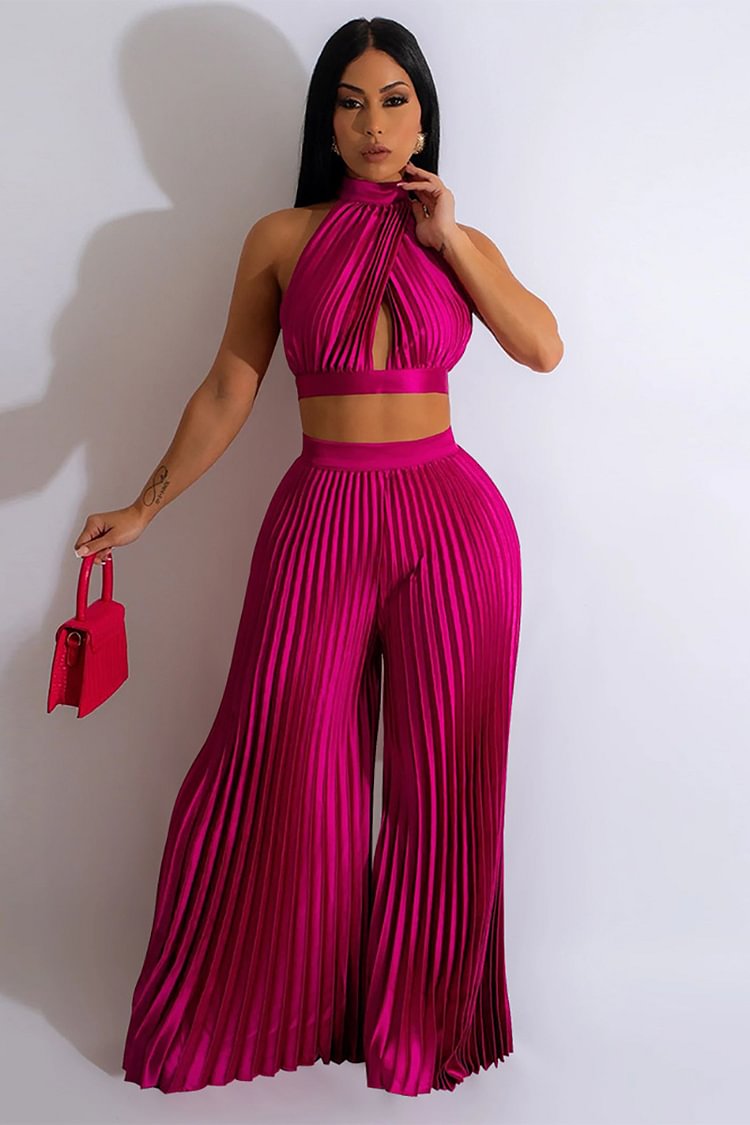Halter Backless Crop Top Wide Leg Pleated Pants Two Pieces Set