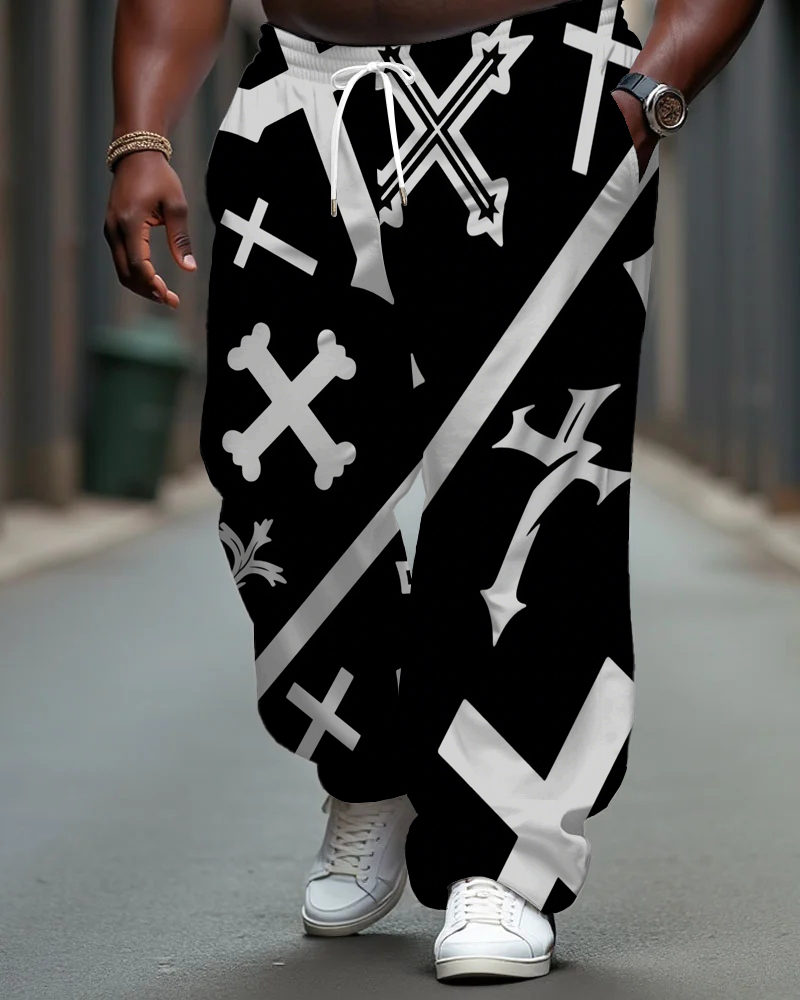 Big Men's Street Fashion Multi Cross Printed Pocket Drawstring Daily Casual Pants