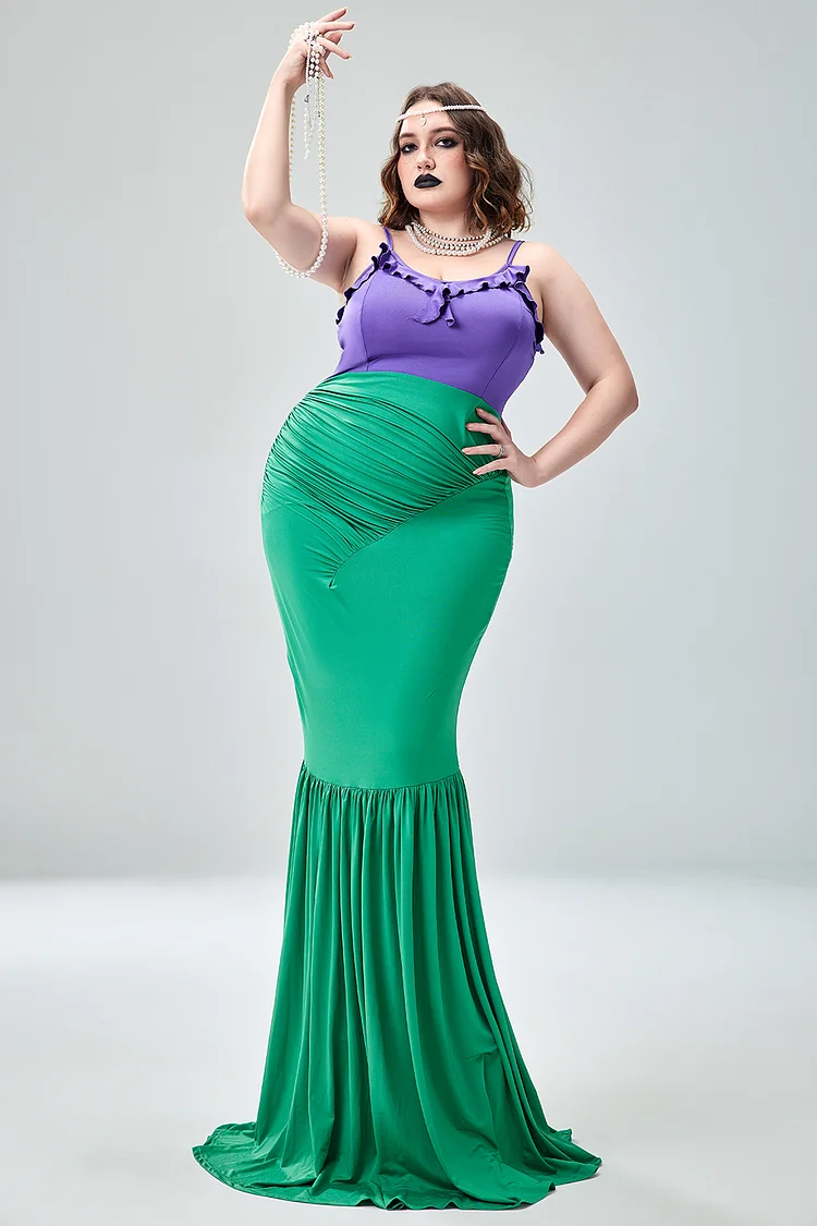 Xpluswear Design Plus Size Halloween Costume Green Mermaid Sleeveless Patchwork Knitted Maxi Dress 