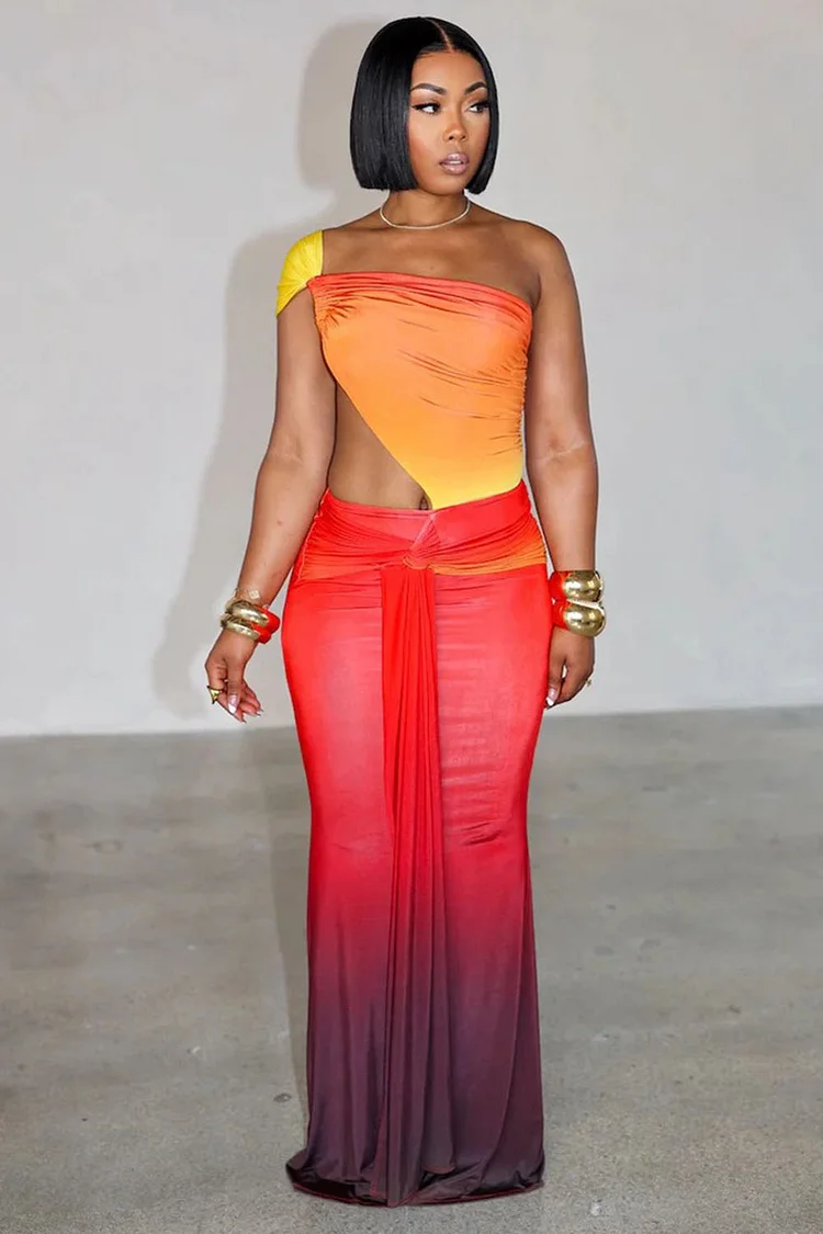 One Shoulder Cutout Sash Ombre Print Party Maxi Dresses-Blue