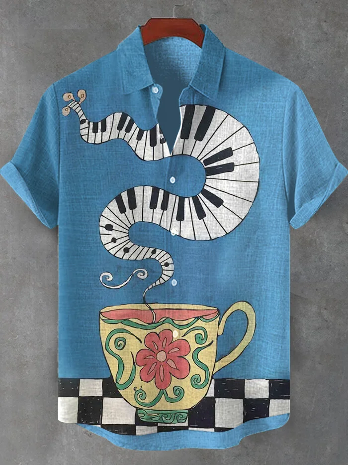 Men's Coffee Cup Piano Keyboard Art Print Short Sleeve Shirt