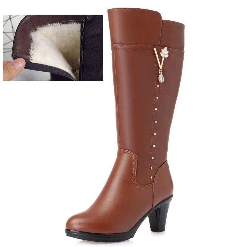 Women's winter boots 2021 new genuine leather female boots size 43 warm high-heeled wool boots women trend riding boots women 1026