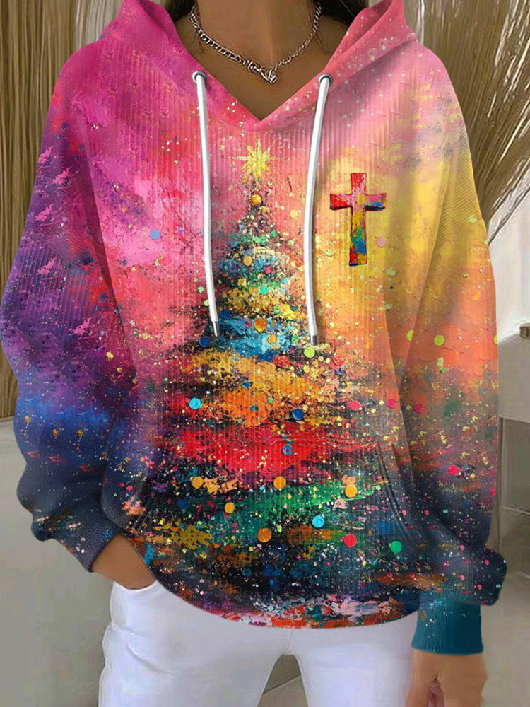 Women's Faith Cross Christmas Print Hooded Collar Sweatshirt elevenforest