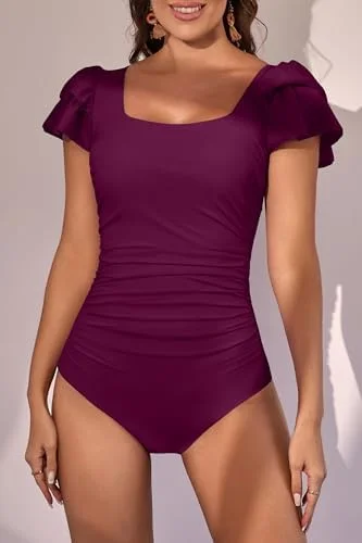 Ruffle Square Neck Tummy Control One Piece Swimsuit