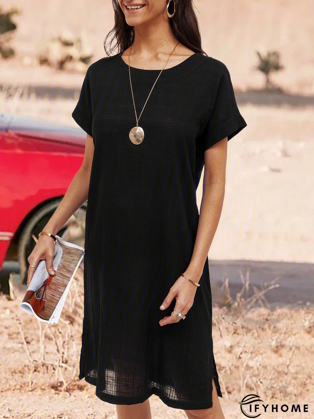 Soft Short Sleeve Cotton-Blend Casual Round Neck Knitting Dress | IFYHOME