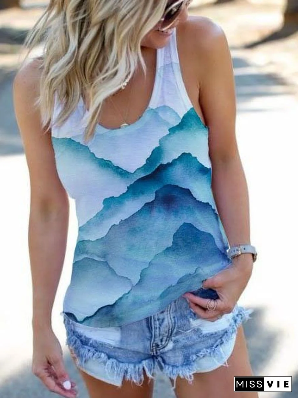 Ombre/tie-Dye Cotton-Blend Sleeveless U-Neck Shirts & Tops