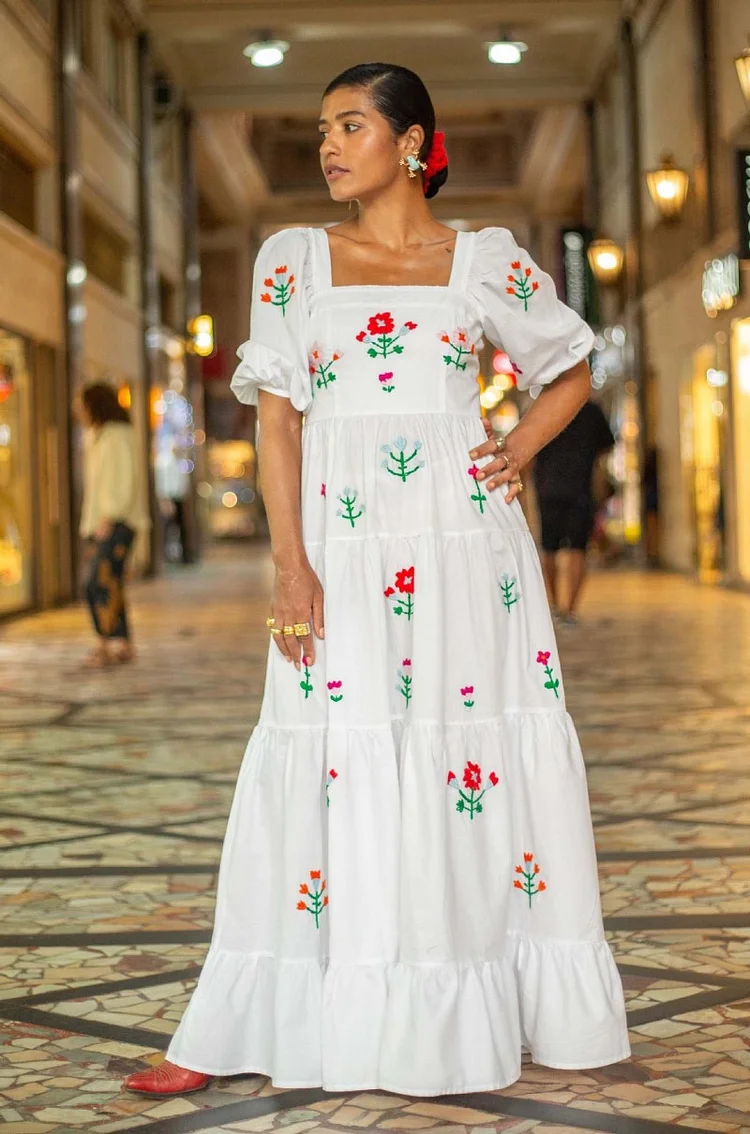 Vacation Style Embroidered Square Neck Bubble Sleeve Swing Dress