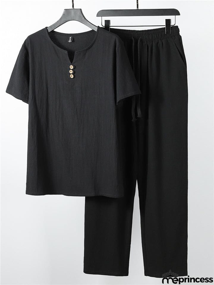 Laid-Back Style Notched Neck Button Detailing Soft Cotton Set T-Shirt + Drawstring Pants