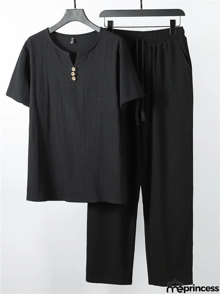 Laid-Back Style Notched Neck Button Detailing Soft Cotton Set T-Shirt + Drawstring Pants