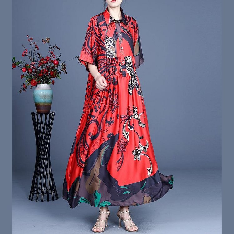 Unique Red Print asymmetrical design Mid Dress Summer Silk