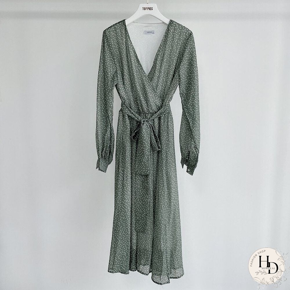 Toppies Women Dress Heart Print vestidos Wrap around v neck Long sleeve Fashion Pink Chiffon Dresses