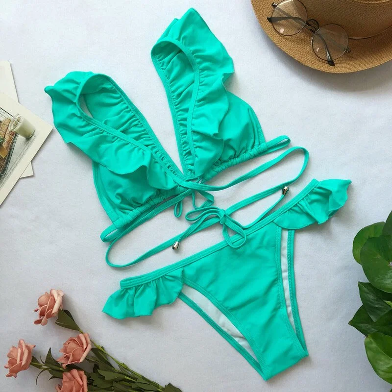 Women Swimsuit 2019 Sexy Solid Push Up Bikinis Ruffle Shoulder Bikini Set Pad Vest Bikini Low Waist Bandage Swimwear 3563
