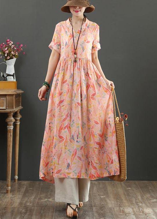 VCSHOES Pink Print High Waist Summer Linen Dress