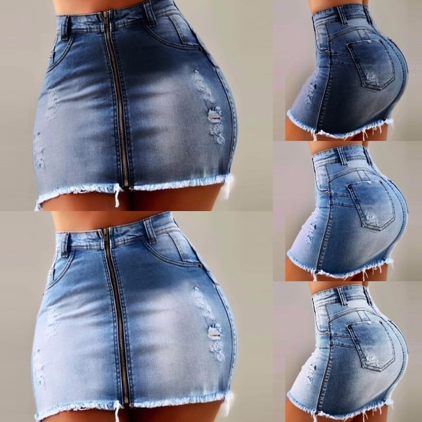 New Women's Fashion High Waist Zipper Mini Hip Jean Skirt Summer Hot Ripped Hole Denim Short Skirt Pant - Life is Beautiful for You - SheChoic