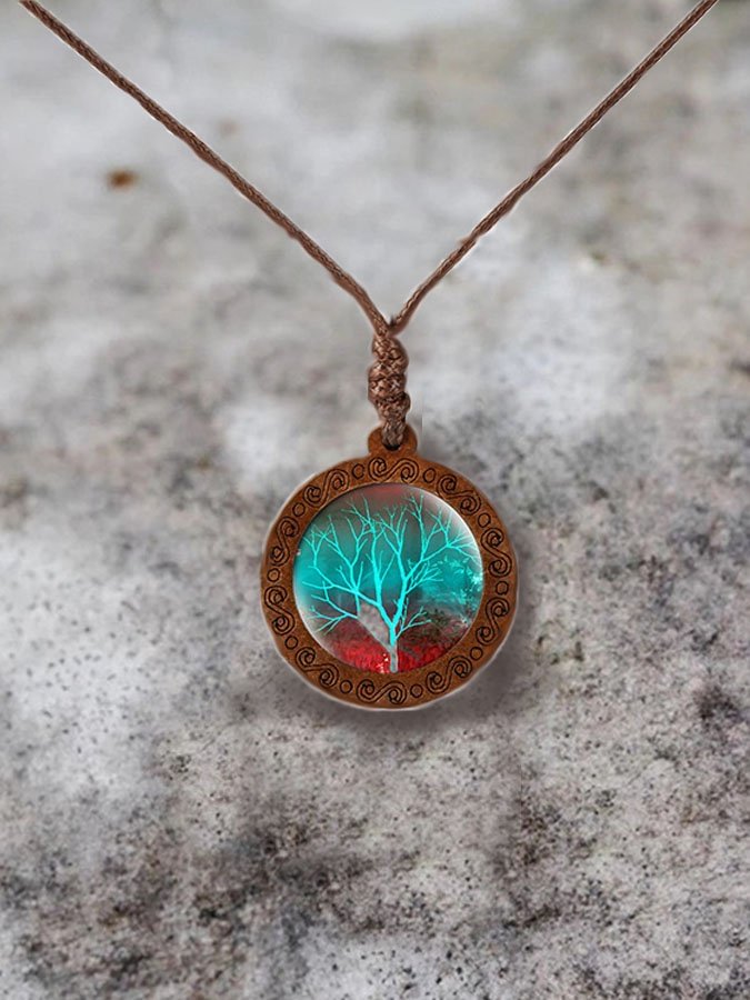 Wood Tree of Life Time Gemstone Glass Pendant Necklace