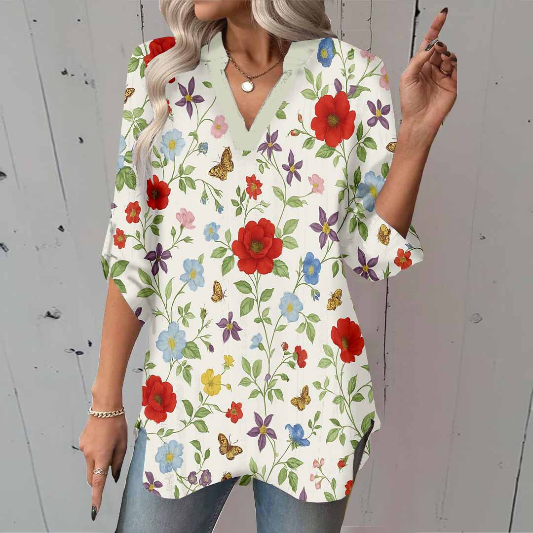 Women Floral,Red,Blue DZGA0257 3/4 Sleeve V-neck Printed Graphic Button Tops
