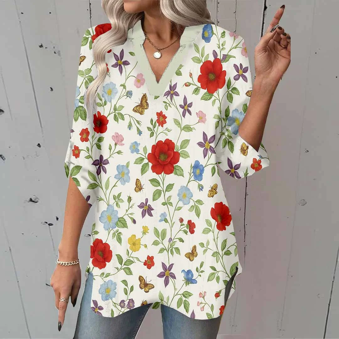 Women Floral,Red,Blue DZGA0257 3/4 Sleeve V-neck Printed Graphic Button Tops