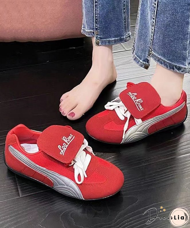 Red Suede Sport Flat Shoes For Women Splicing Lace Up
