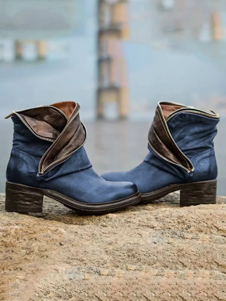 VChics Vintage Patchwork Zipper Ankle Boots