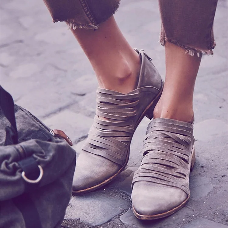Grey Almond Toe Straps Flat Ankle Boots Vdcoo