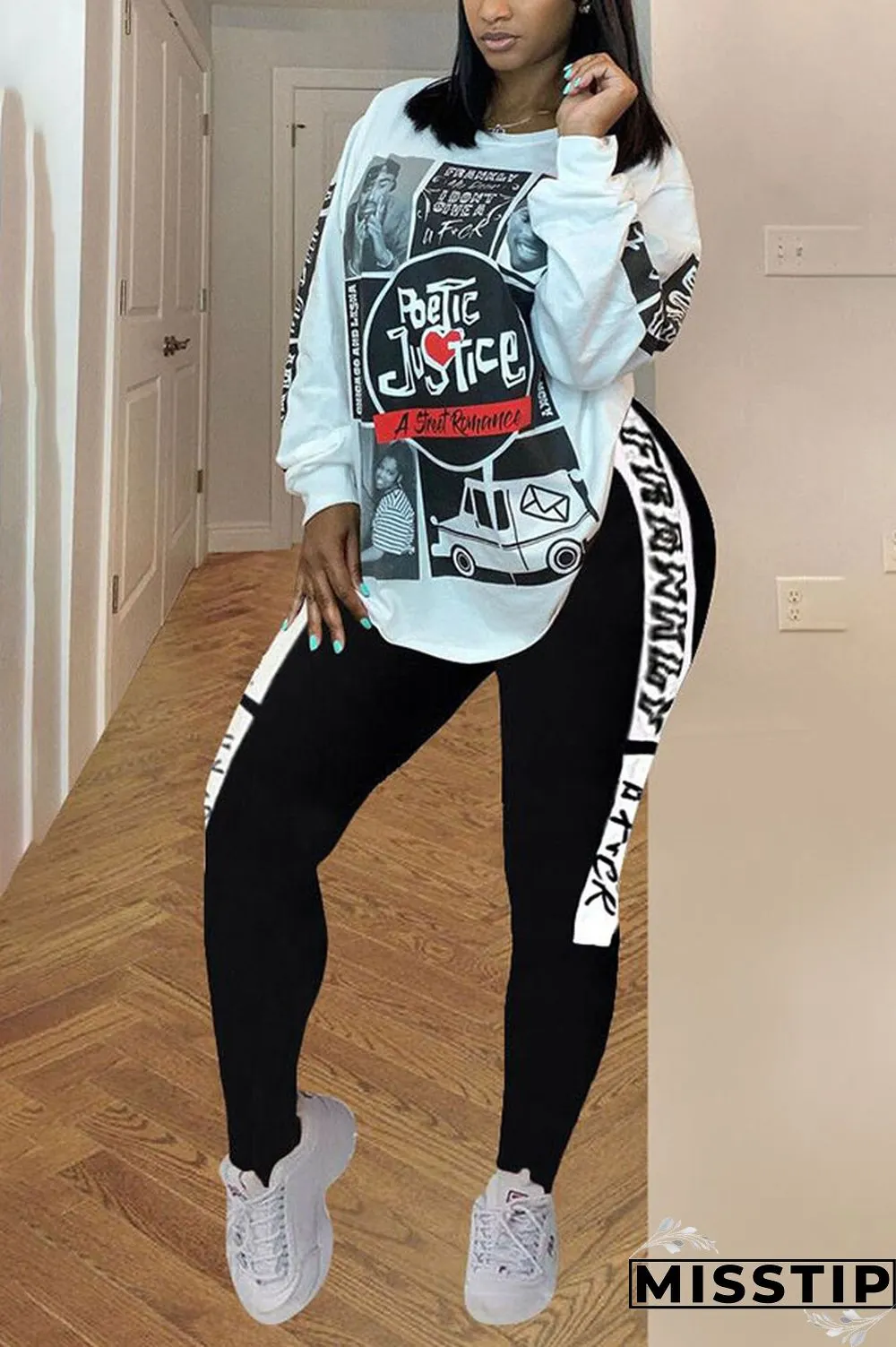 figure knit Casual Letter Print Newspaper pencil Long Sleeve Two Pieces