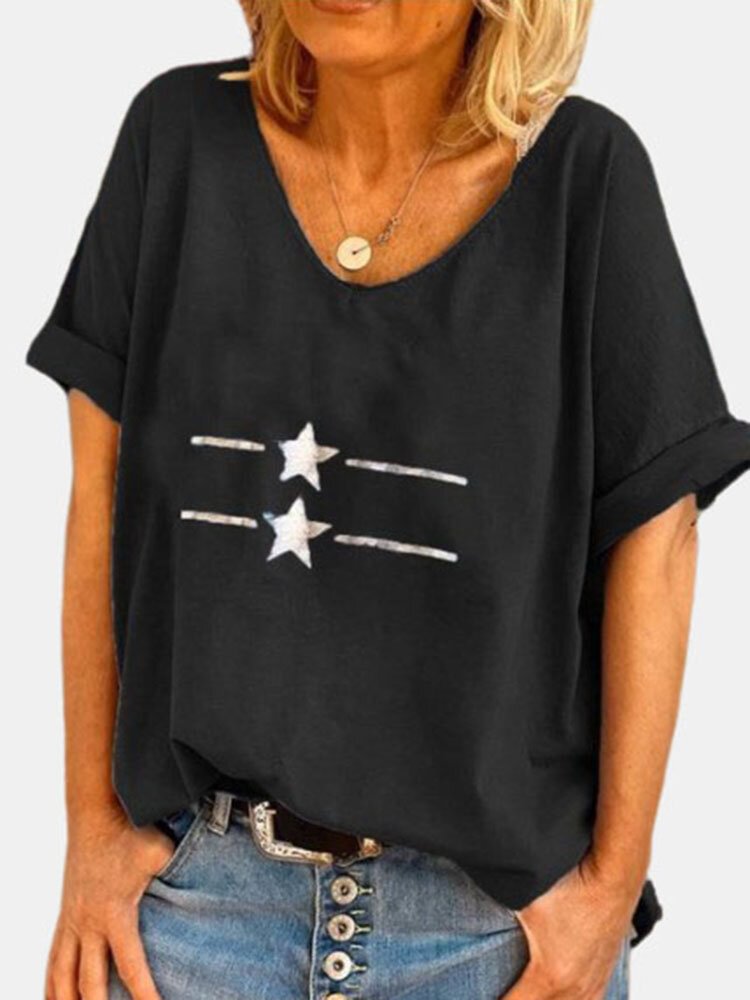 Star Printed V neck Short Sleeve T shirt For Women P1716707