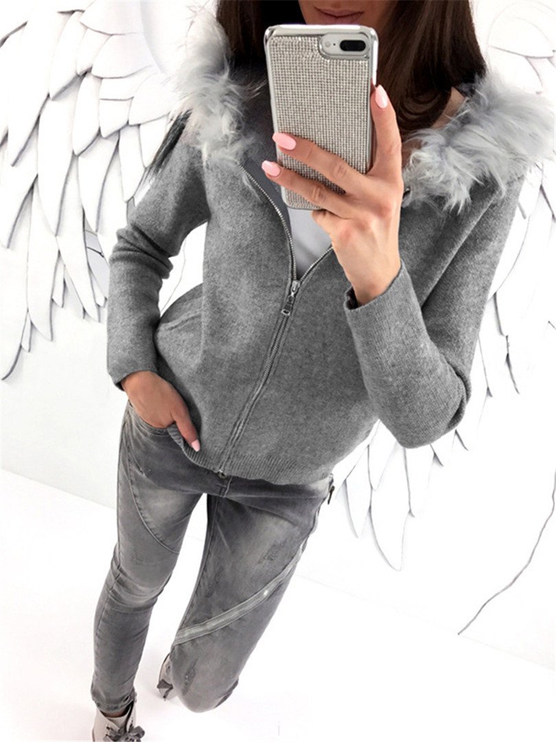 Solid Long Sleeve Faux Fur Hoodie Pockets Casual Coats