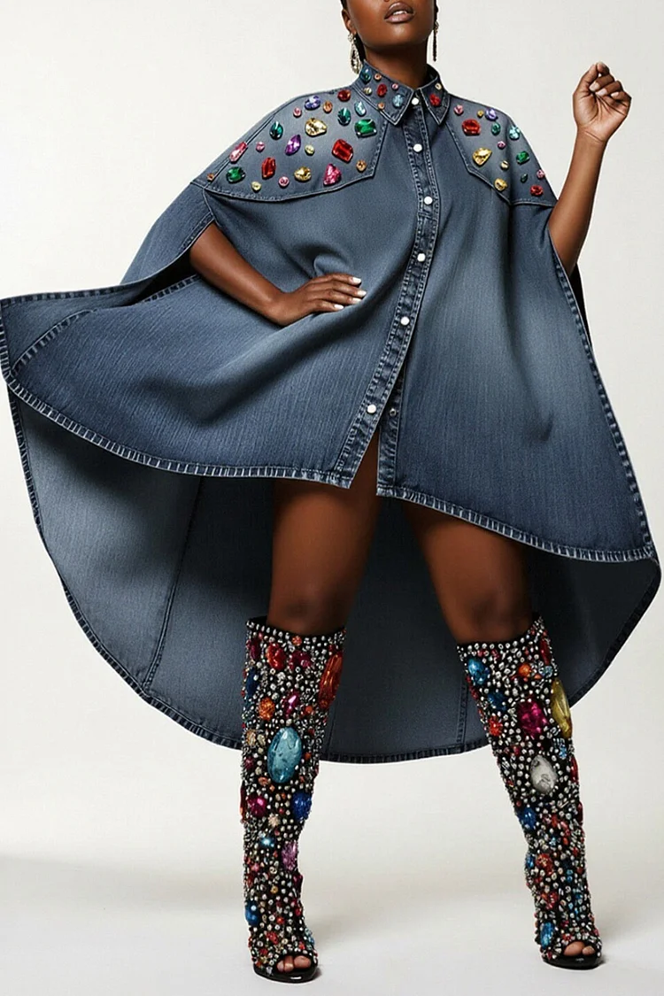 Xpluswear Design Plus Size Party Blue Shirt Collar Half Sleeve Drilling Casual Asymmetric Hem Denim Mini Dresses [Pre-Order]