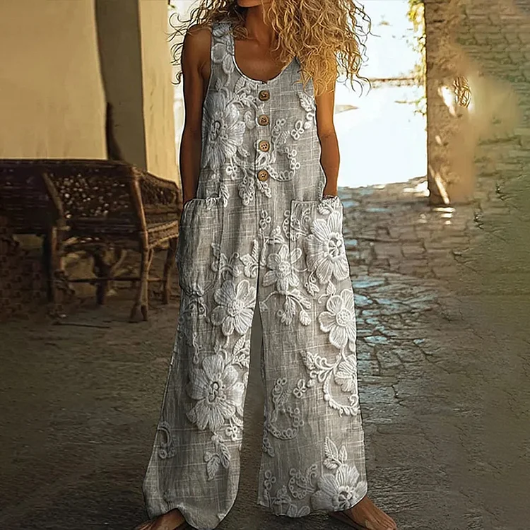 Women's Vintage Floral Lace Embroidered Wide Leg Jumpsuit