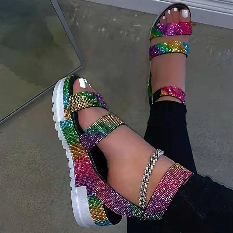 Back to college 2022 Women's Bling Glitter Sandals Female Ankle Buckle Flat Platform Ladies Non Slip Outdoor Shoes Woman Beach Footwear Big Size
