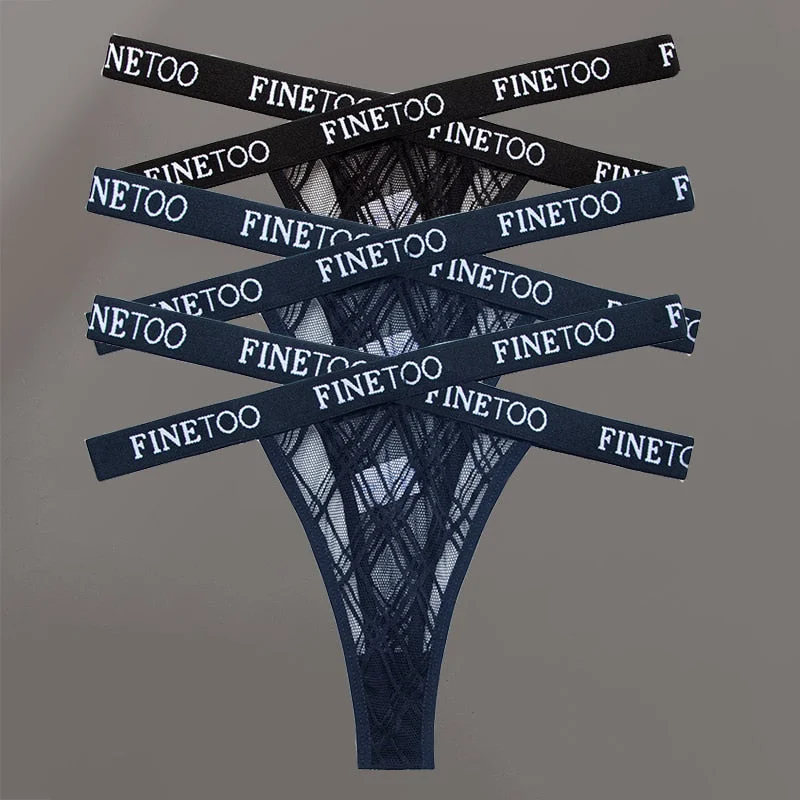 FINETOO 3PCS/Set Women's Letter Lace Mesh G-string Sexy Cross Strap Panties Midi Waist Underwear Thongs Femme Hollow Out Panties