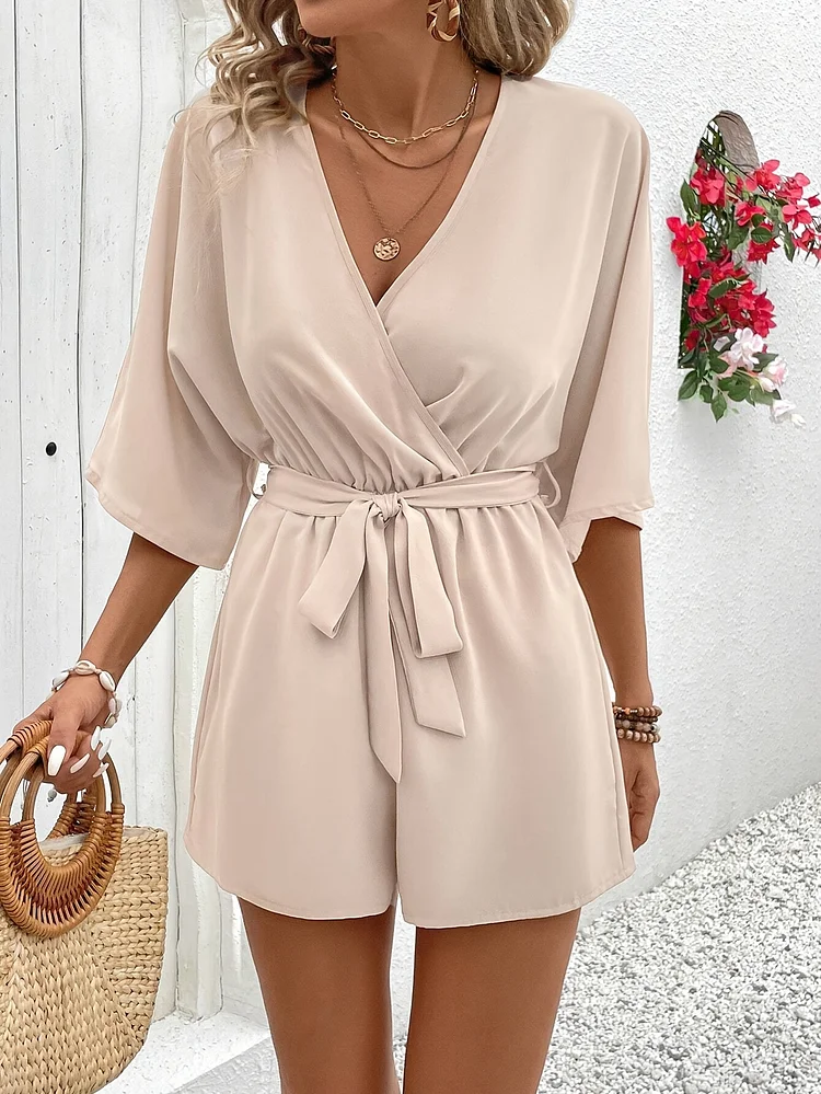 Women's V-Neck Cross Belted Romper - Casual Summer Beachwear, Short Sleeve, Loose Fit, Polyester, Black, Beach Attire | Relaxed Fit Jumpsuit | Polyester Fabri