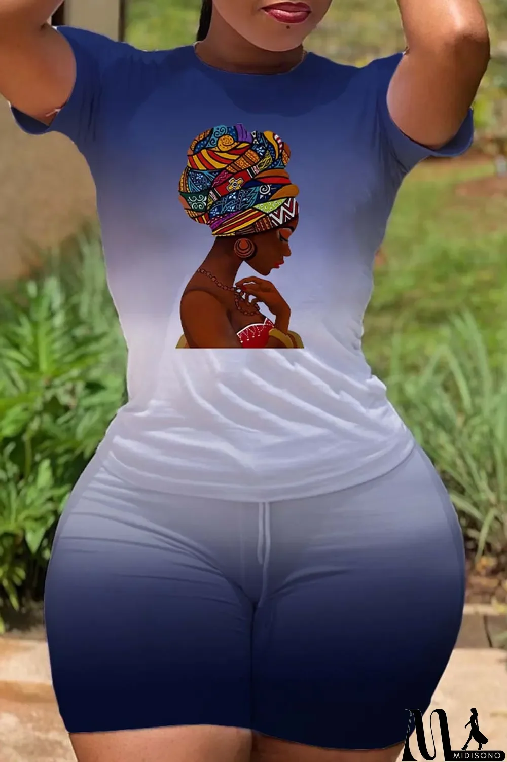 MidiSono - Burgundy Casual Gradual Change Print Basic O Neck Short Sleeve Two Pieces