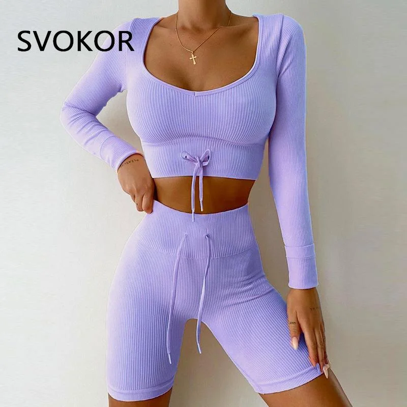 SVOKOR Sport Two Piece Sets Women Gym Tracksuits Workout 2Pcs Sexy Running Leggings Cycling Shorts Fitness Vest Short Crop Tops