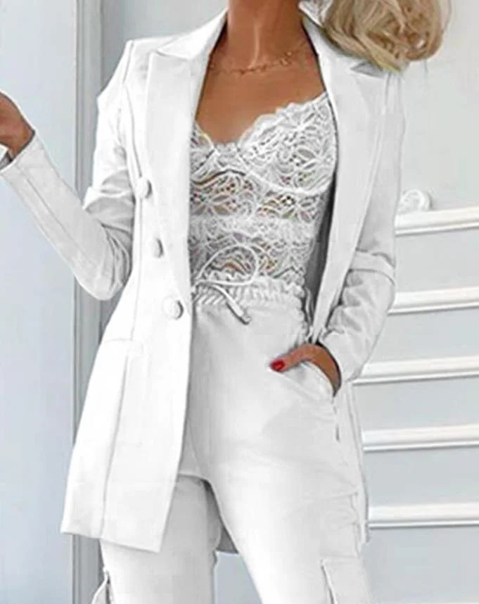 Nncharge Piece Sets Womens Outifits 2023 Spring Fashion Buttoned Long Sleeve Blazer Coat & Pocket Design Elegant Long Pants Set
