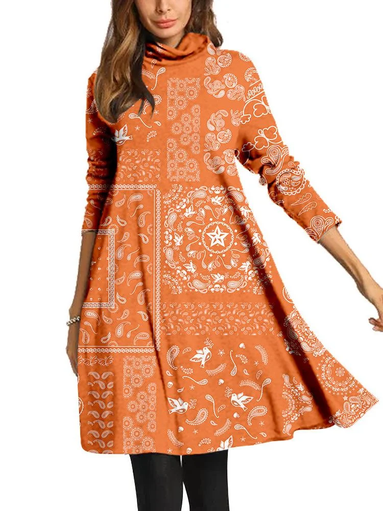 Women Long Sleeve Scoop Neck Printed Midi Dress