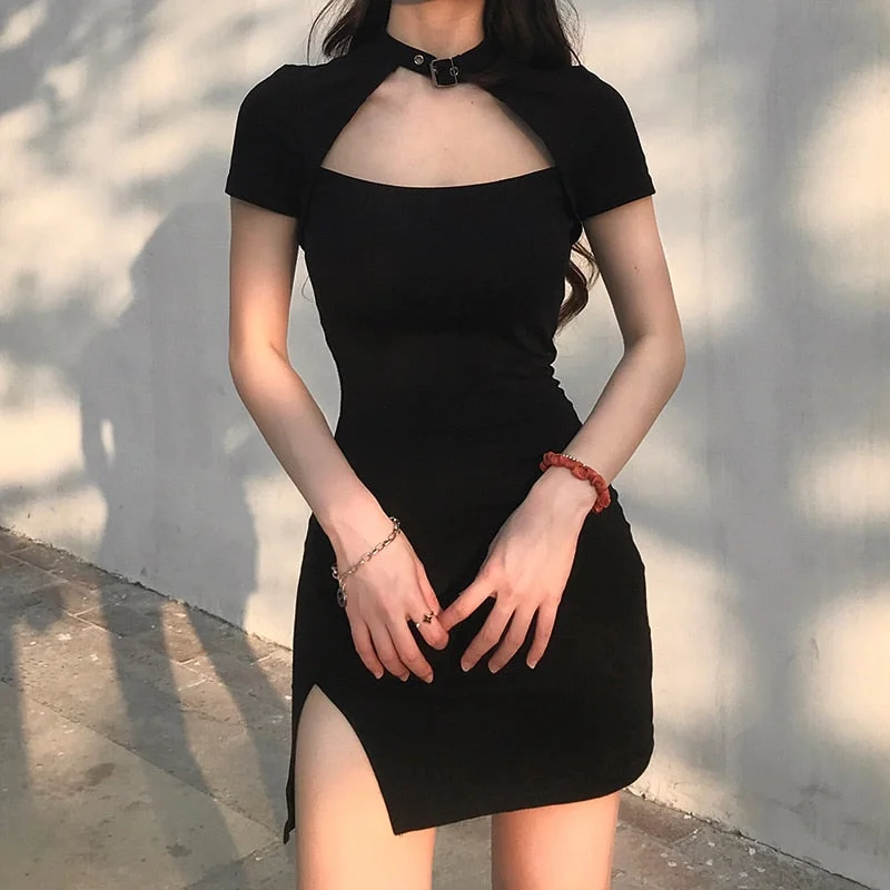 HEYounGIRL Harajuku Black Bodycon Mini Dress Women Split Side Halter Short Dresses Ladies Skinny Short Sleeve Skinny Summer 2021