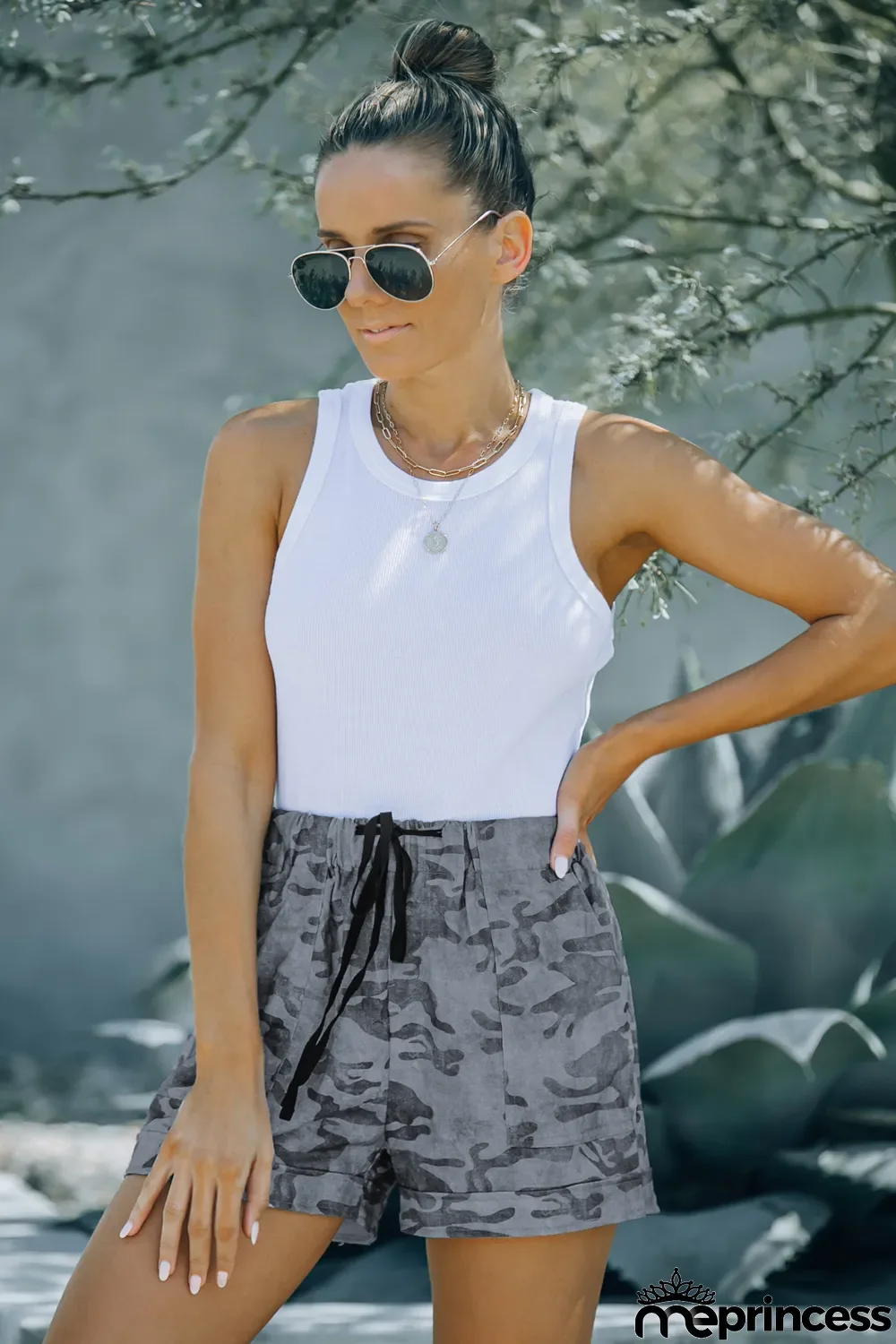 Camouflage Print Drawstring Casual Elastic Waist Pocketed Shorts