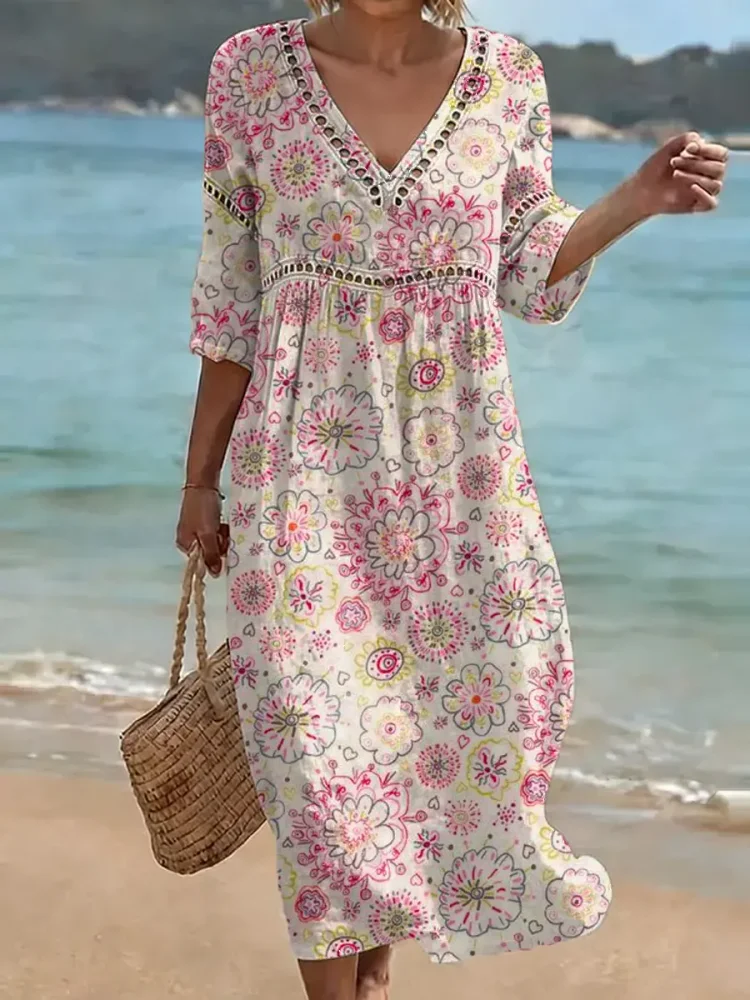 Women's Retro Floral Pattern Art Print Casual Stylish Cotton Linen Dress