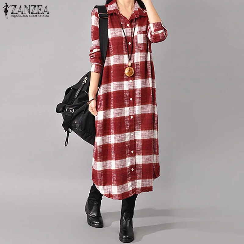 Women Plaid Checked Long Dress ZANZEA Autumn Lapel Neck Long Sleeve Casual Shirt Vestido Robe Buttons Down Cotton Sundress Tunic