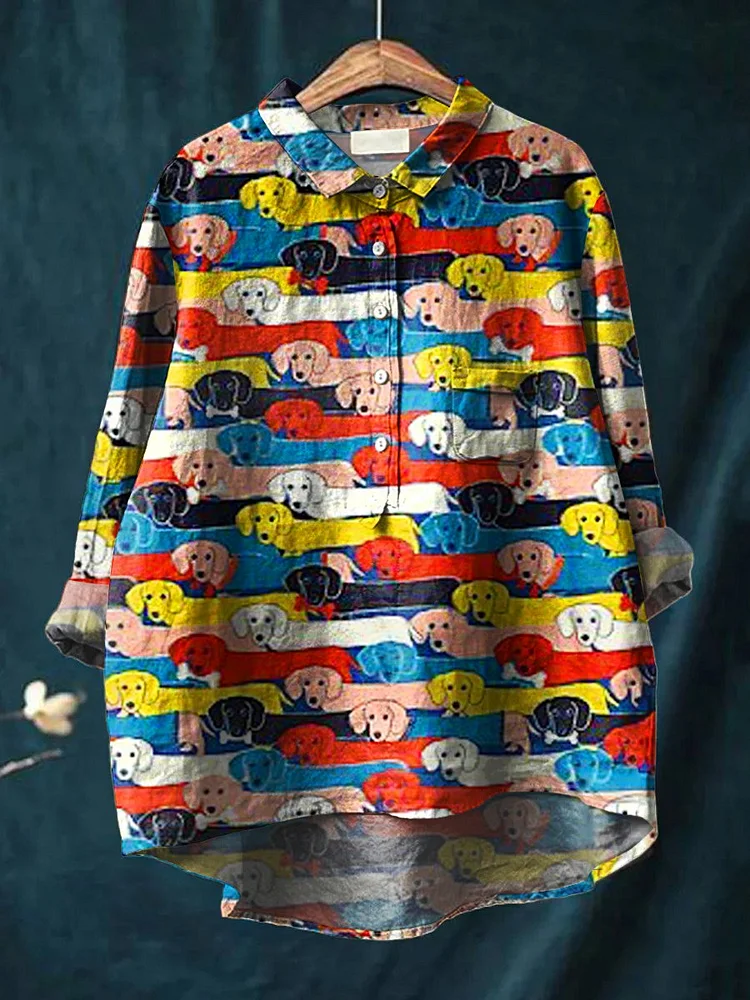 Women's Funny Dog Art Print Casual Cotton And Linen Shirt