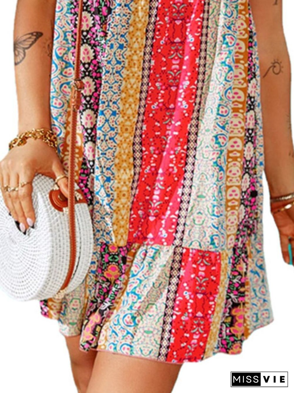 New Summer Floral Stitching Dress Women's Fashion Flounces V-neck Sleeveless Mini Skirt Bohemian Style Holiday Skirt Dress