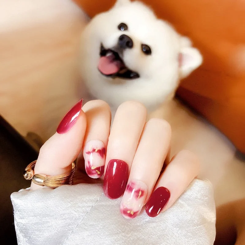 wholesale 24PCS/box glossy false nails with a pattern short size wearable full cover fake nail tips for girls nail tips glue-Nail Inspo