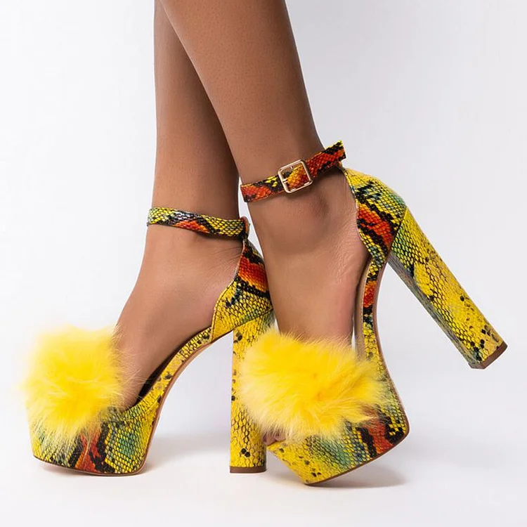 Yellow Platform Sandal Classic Snakeskin Heels Evening Furry Shoes |FSJ Shoes