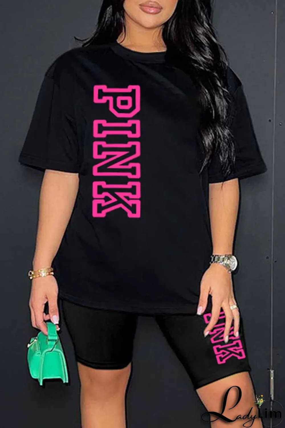 Ginger Casual Print Letter O Neck Short Sleeve Two Pieces