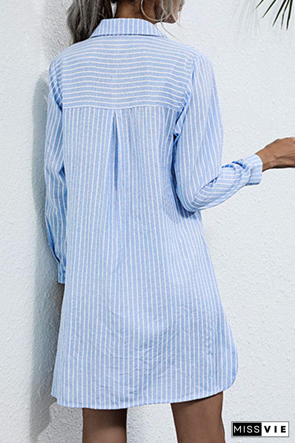 Fashion Elegant Striped Pocket Cross Straps Turndown Collar Tops