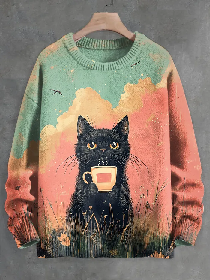 Men's Retro Black Cat Cafe Fantasy Art Knit Sweatshirt