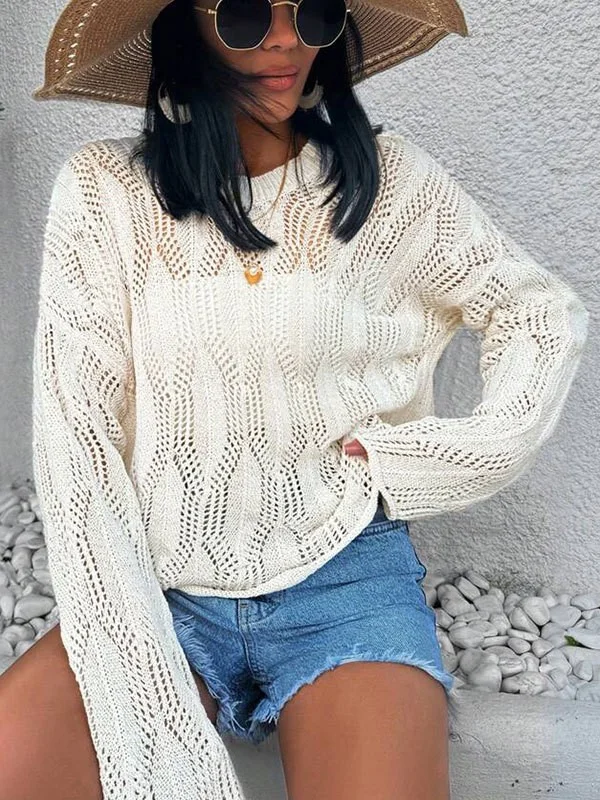 Athvotar Athvotar New Beach Hooded Solid Color Hollow Knitted Long-Sleeved Sunscreen