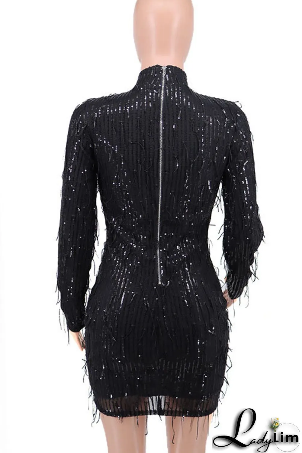 Black Sexy Solid Sequins Split Joint O Neck One Step Skirt Dresses