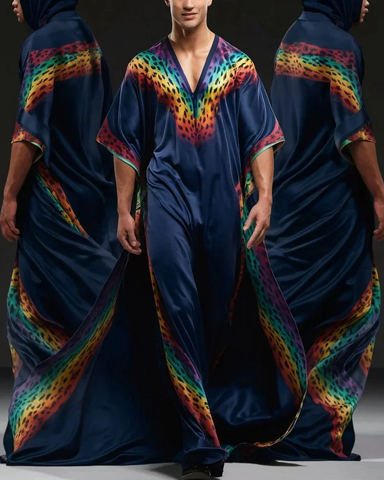 Men's Rainbow Leopard Heart V-neck Men Kaftan Long Caftan